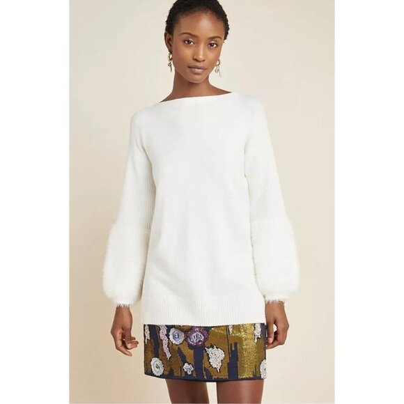 ANTHROPOLOGIE | M | Colma Tunic White Balloon Sleeve‎ Soft Knit Sweater - Picture 1 of 14